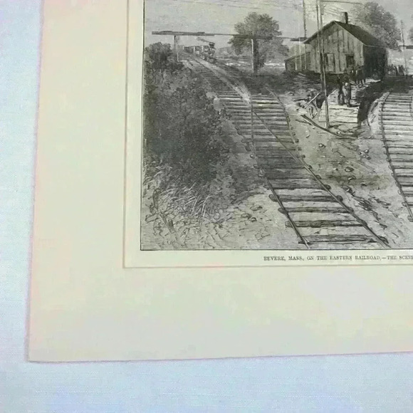 Art Print Revere Massachusetts Railroad Train Wreck Scene Antique 1871 RARE - Picture 7 of 12
